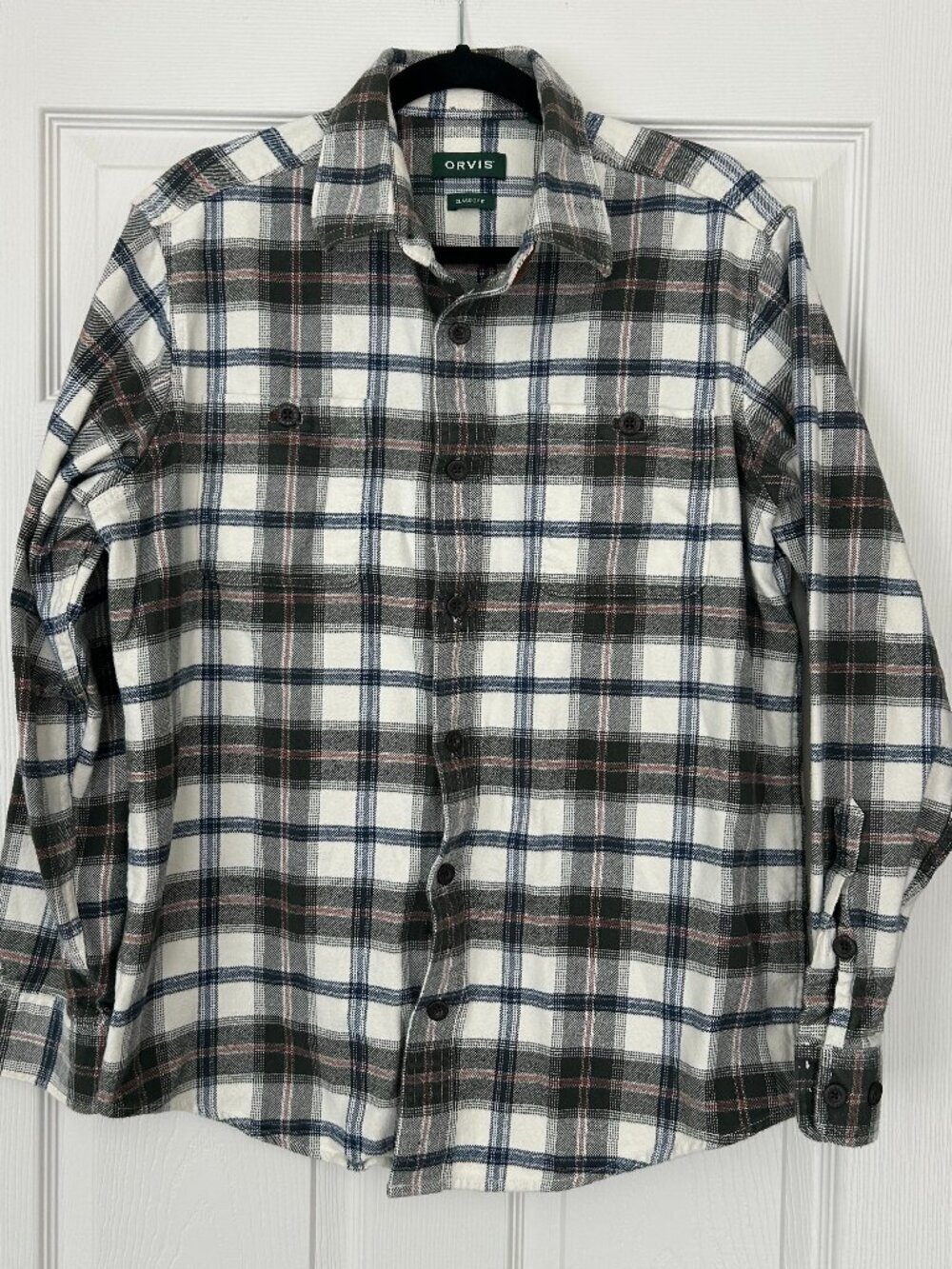 Orvis Flannel Shirt Mens Medium Classic Fit Plaid Heavyweight Faux Suede Trim